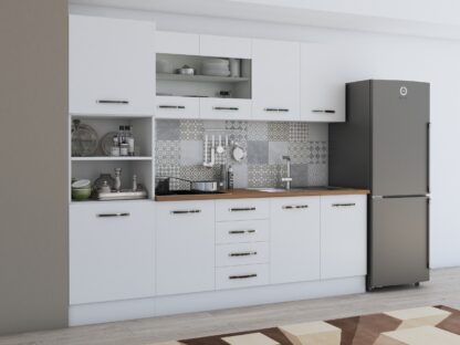 Bucatarie Alfa 240, soldat, cu vitrina, alb, blat termic nuc - imagine 3