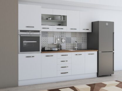 Bucatarie Alfa 240, soldat, cu vitrina, alb, blat termic nuc - imagine 4