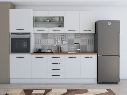 Bucatarie Alfa 240, soldat, cu vitrina, alb, blat termic nuc - imagine 2