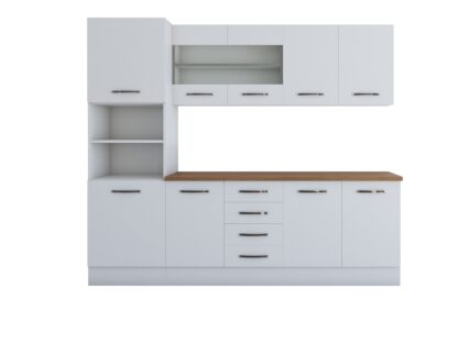 Bucatarie Alfa 240, soldat, cu vitrina, alb, blat termic nuc - imagine 7