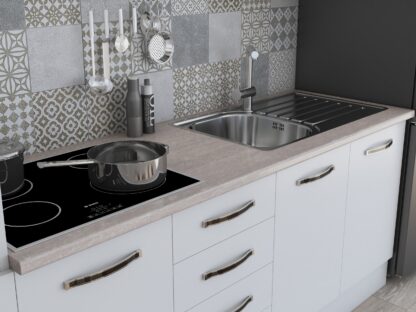Bucatarie Alfa 240, soldat, cu vitrina, alb, blat termic travertin - imagine 5