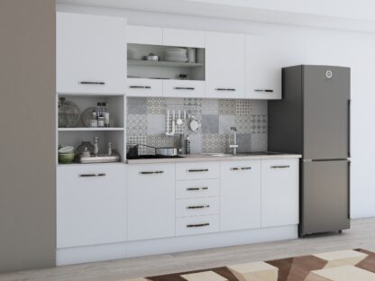 Bucatarie Alfa 240, soldat, cu vitrina, alb, blat termic travertin - imagine 3