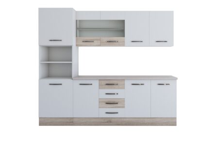 Bucatarie Alfa 240, soldat, cu vitrina, alb/sonoma, blat termic travertin - imagine 7