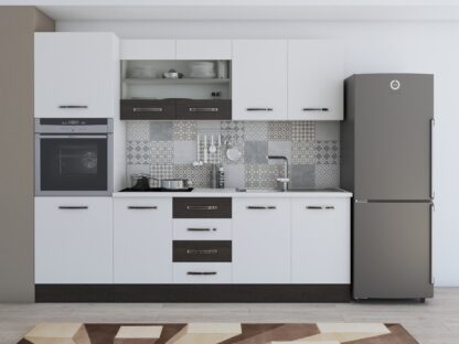 Bucatarie Alfa 240, soldat, cu vitrina, alb/wenge, blat termic alb - imagine 2