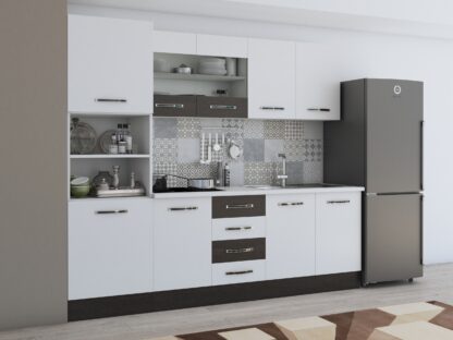 Bucatarie Alfa 240, soldat, cu vitrina, alb/wenge, blat termic alb - imagine 3