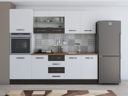 Bucatarie Alfa 240, soldat, cu vitrina, alb/wenge, blat termic nuc - imagine 2
