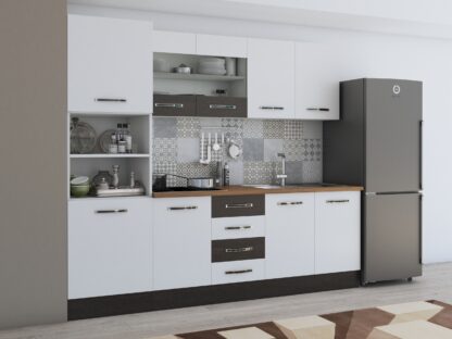 Bucatarie Alfa 240, soldat, cu vitrina, alb/wenge, blat termic nuc - imagine 3