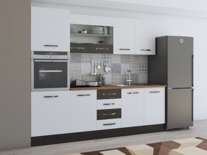 Bucatarie Alfa 240, soldat, cu vitrina, alb/wenge, blat termic nuc - imagine 4