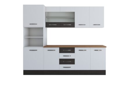 Bucatarie Alfa 240, soldat, cu vitrina, alb/wenge, blat termic nuc - imagine 7