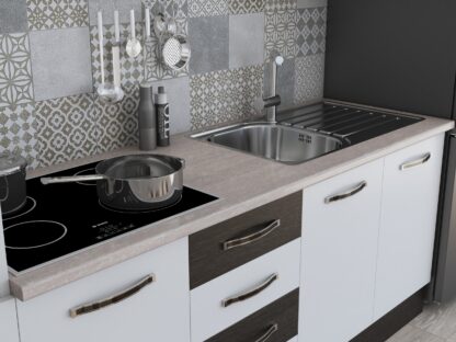 Bucatarie Alfa 240, soldat, cu vitrina, alb/wenge, blat termic travertin - imagine 5