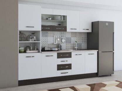 Bucatarie Alfa 240, soldat, cu vitrina, alb/wenge, blat termic travertin - imagine 3