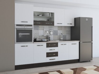Bucatarie Alfa 240, soldat, cu vitrina, alb/wenge, blat termic travertin - imagine 4