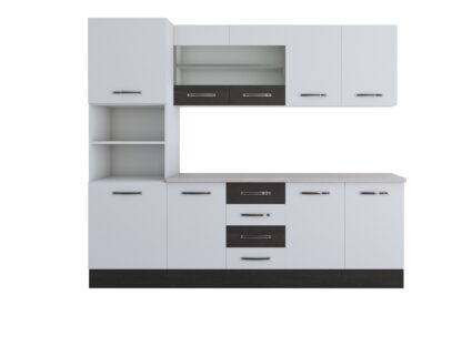 Bucatarie Alfa 240, soldat, cu vitrina, alb/wenge, blat termic travertin - imagine 7