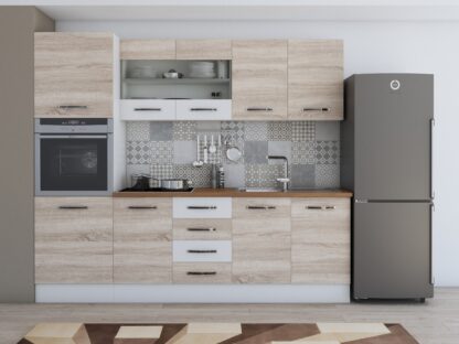 Bucatarie Alfa 240, soldat, cu vitrina, sonoma/alb, blat termic nuc - imagine 2