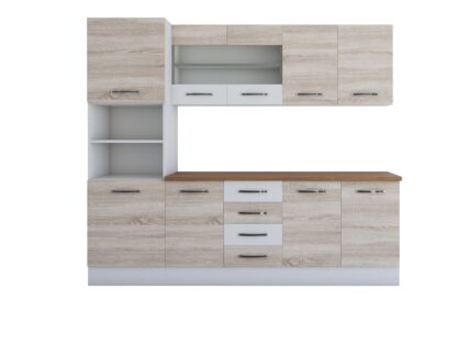 Bucatarie Alfa 240, soldat, cu vitrina, sonoma/alb, blat termic nuc - imagine 7
