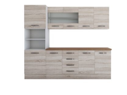 Bucatarie Alfa 240, soldat, cu vitrina, sonoma, blat termic nuc - imagine 7