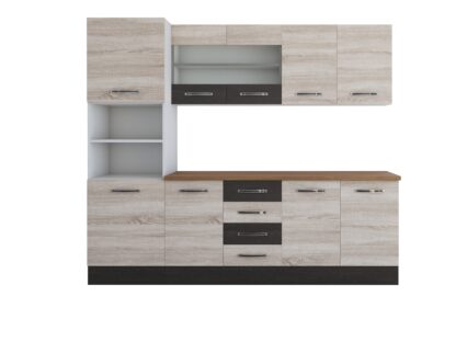 Bucatarie Alfa 240, soldat, cu vitrina, sonoma/wenge, blat termic nuc - imagine 7