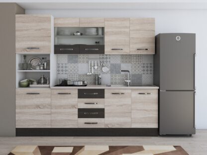 Bucatarie Alfa 240, soldat, cu vitrina, sonoma/wenge, blat termic travertin