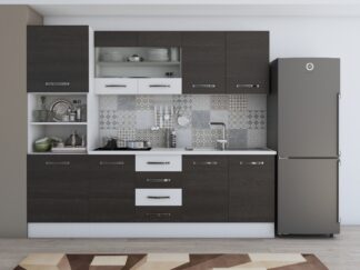 Bucatarie Alfa 240, soldat, cu vitrina, wenge/alb, blat termic alb