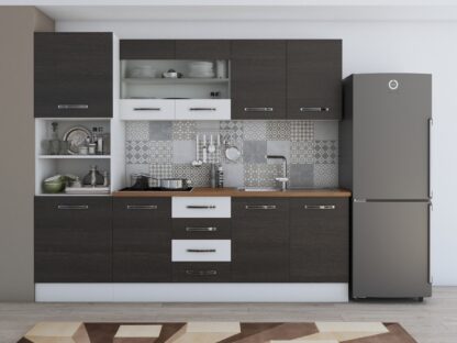 Bucatarie Alfa 240, soldat, cu vitrina, wenge/alb, blat termic nuc