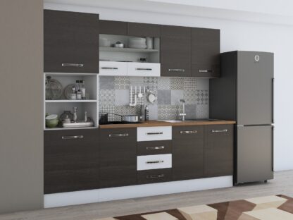 Bucatarie Alfa 240, soldat, cu vitrina, wenge/alb, blat termic nuc - imagine 3