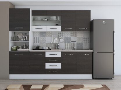 Bucatarie Alfa 240, soldat, cu vitrina, wenge/alb, blat termic travertin