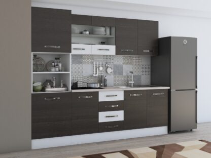 Bucatarie Alfa 240, soldat, cu vitrina, wenge/alb, blat termic travertin - imagine 3