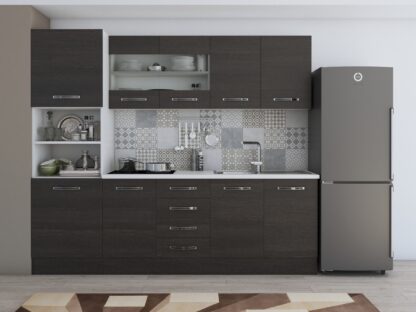 Bucatarie Alfa 240, soldat, cu vitrina, wenge, blat termic alb