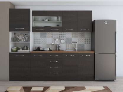 Bucatarie Alfa 240, soldat, cu vitrina, wenge, blat termic nuc