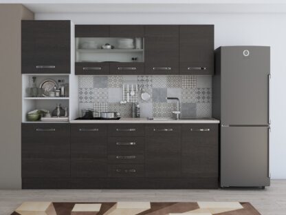 Bucatarie Alfa 240, soldat, cu vitrina, wenge, blat termic travertin
