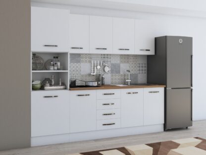 Bucatarie Alfa 240, soldat, fara vitrina, alb, blat termic nuc - imagine 4