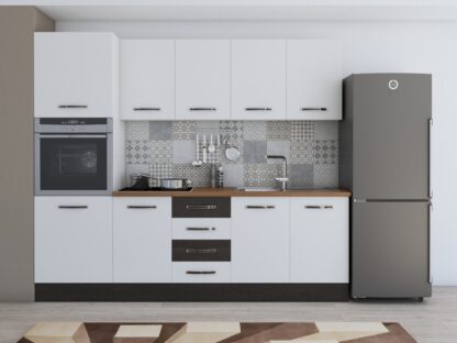 Bucatarie Alfa 240, soldat, fara vitrina, alb/wenge, blat termic nuc - imagine 2