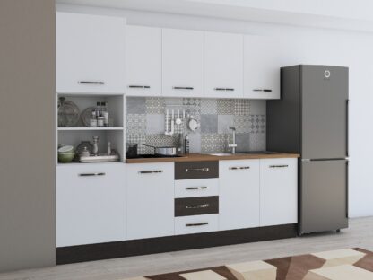 Bucatarie Alfa 240, soldat, fara vitrina, alb/wenge, blat termic nuc - imagine 3