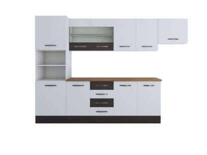 Bucatarie Alfa 300, corp hota si soldat, cu vitrina, alb/wenge, blat termic nuc - imagine 5