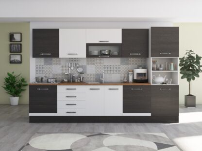 Bucatarie Alfa 320, alb/wenge, blat termic nuc, corp pentru cuptor incorporabil