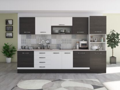 Bucatarie Alfa 320, alb/wenge, blat termic travertin, corp pentru cuptor incorporabil