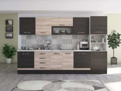 Bucatarie Alfa 320, sonoma/wenge, blat termic alb, corp pentru cuptor incorporabil