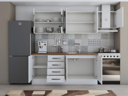 Bucatarie Alfa 240, corp hota, cu vitrina, alb, blat termic nuc - imagine 4