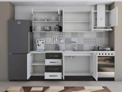 Bucatarie Alfa 240, corp hota, cu vitrina, alb/wenge, blat termic alb - imagine 4