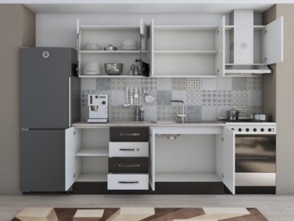Bucatarie Alfa 240, corp hota, cu vitrina, alb/wenge, blat termic travertin - imagine 4