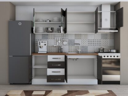 Bucatarie Alfa 240, corp hota, cu vitrina, wenge/alb, blat termic nuc - imagine 4