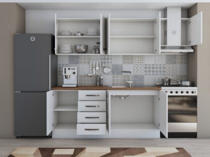 Bucatarie Alfa 240, corp hota, fara vitrina, alb, blat termic nuc - imagine 4