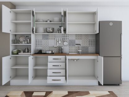 Bucatarie Alfa 240, soldat, cu vitrina, alb, blat termic nuc - imagine 6