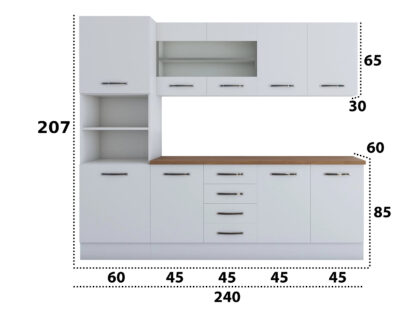 Bucatarie Alfa 240, soldat, cu vitrina, alb, blat termic nuc - imagine 8
