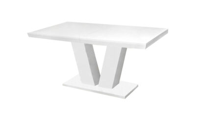 Set masa extensibila V 160x200 cm, lemn masiv alb, blat din MDF cu 6 scaune tapitate T-26, stofa crem - imagine 7