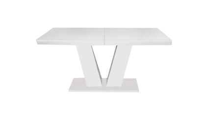 Set masa extensibila V 160x200 cm, lemn masiv alb, blat din MDF cu 6 scaune tapitate T-26, stofa crem - imagine 6