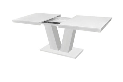 Set masa extensibila V 160x200 cm, lemn masiv alb, blat din MDF cu 6 scaune tapitate T-26, stofa crem - imagine 5