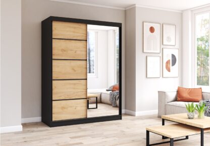 Dressing Gabriel cu oglinda, 150x200x61 cm, negru/stejar deschis