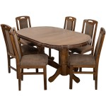 Set masa extensibila Jork 160x200 cm, lemn masiv, culoare nuc, blat din MDF cu 6 scaune tapitate ZIM Standard Walnut, stofa W24