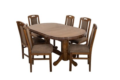Set masa extensibila Jork 160x200 cm, lemn masiv, culoare nuc, blat din MDF cu 6 scaune tapitate ZIM Standard Walnut, stofa W24